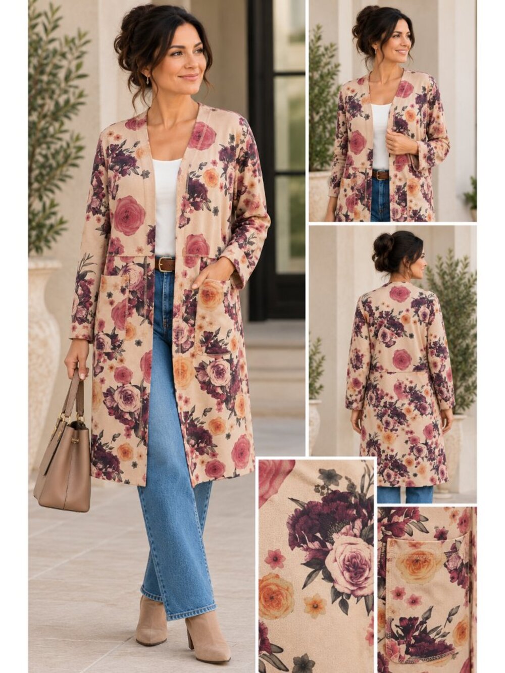 Joan Vass NY L Floral Faux Suede Duster Coat Jacket Boho Cottagecore Lagenlook